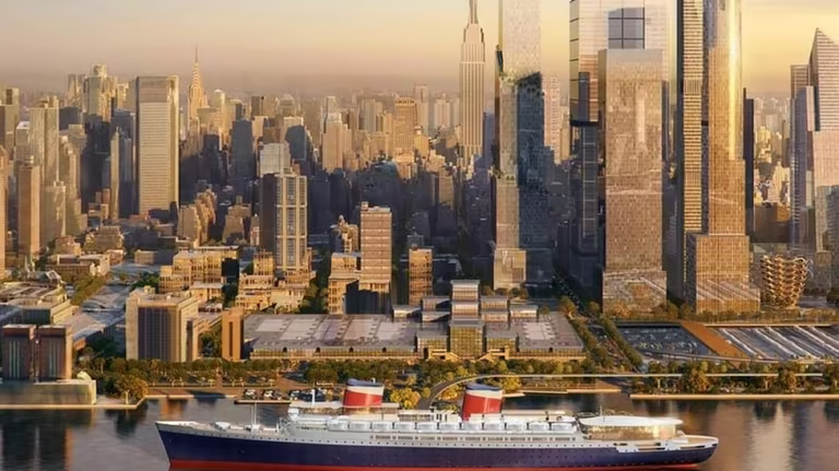 A rendering of the SS United States at New York's Pier 76, converted into a hotel and entertainment complex. The nearly 1,000-foot-long ocean liner is seen moored in front of the skyscrapers of Midtown Manhattan.