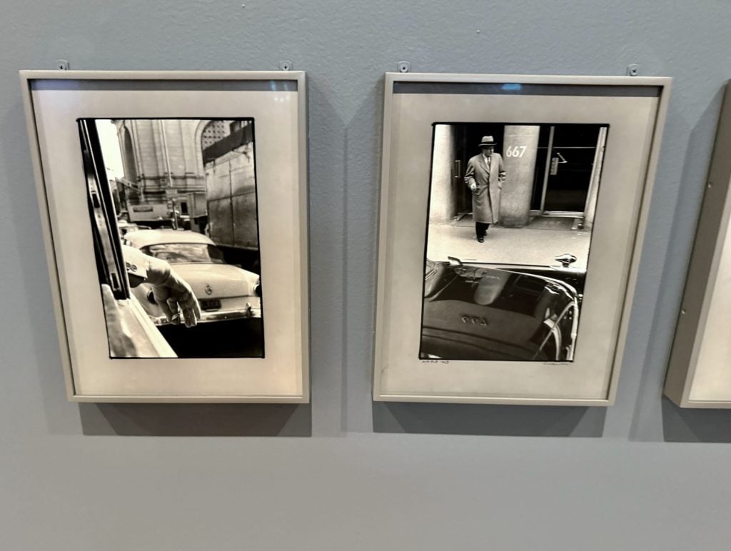 Two photos, one of a hand draped from a car window and one of a man in a coat on the sidewalk, displayed side by side