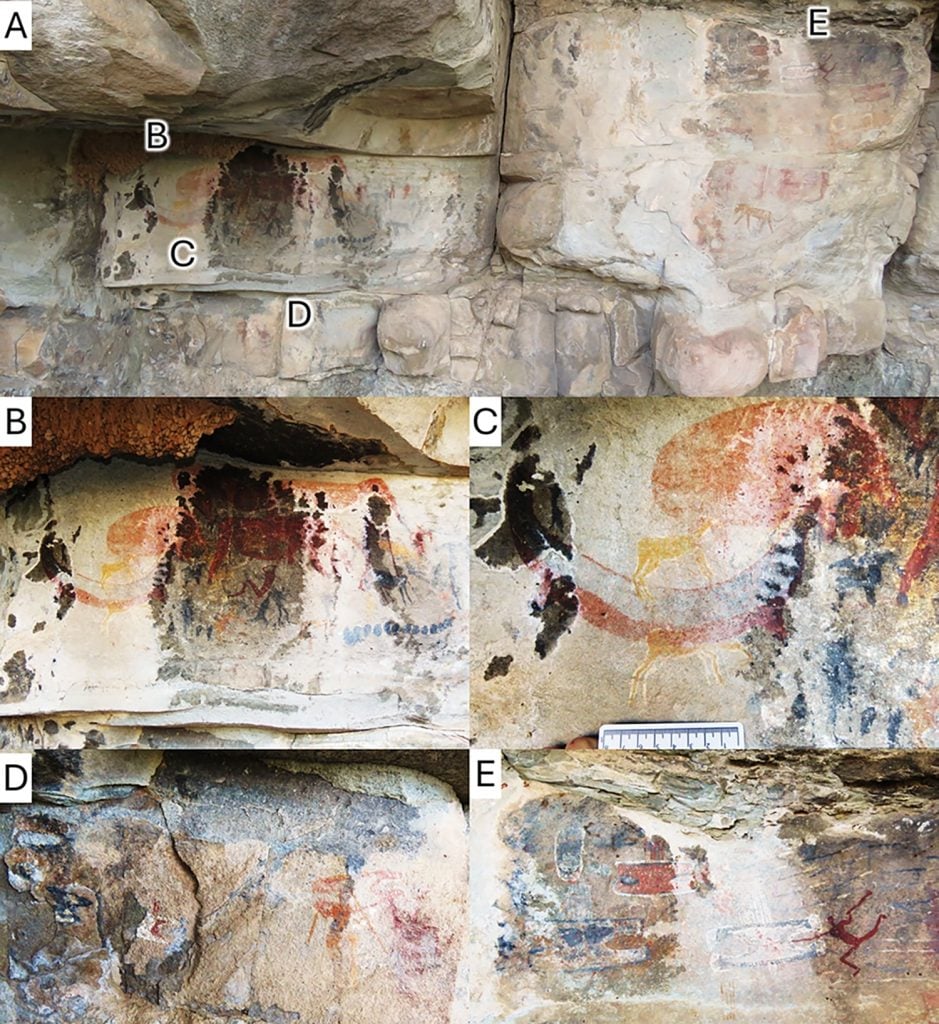 A picture showing ancient rock art, with closeups below