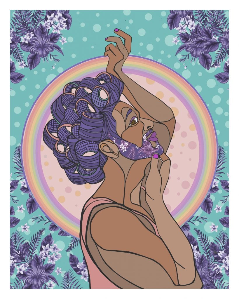 Sam Kirk's illustration Glorious, as stylized drawing of a person against a central pink circle surrounded by a band of pastel rainbow colors on a teal backgroun with purple leaves and flowers in the corner. The person has brown skin and nails painted pink, with their purple hair in rollers, and a short beard. 