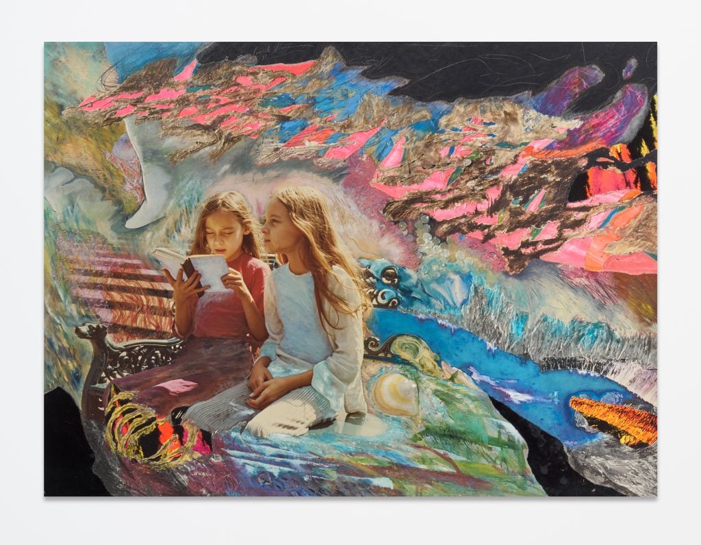 A mixed media color collage with two central little girls, one reading a letter the other looking into the distance. Across the left swathes of mixed media abstracted color. By german artist Sarah Schumann.