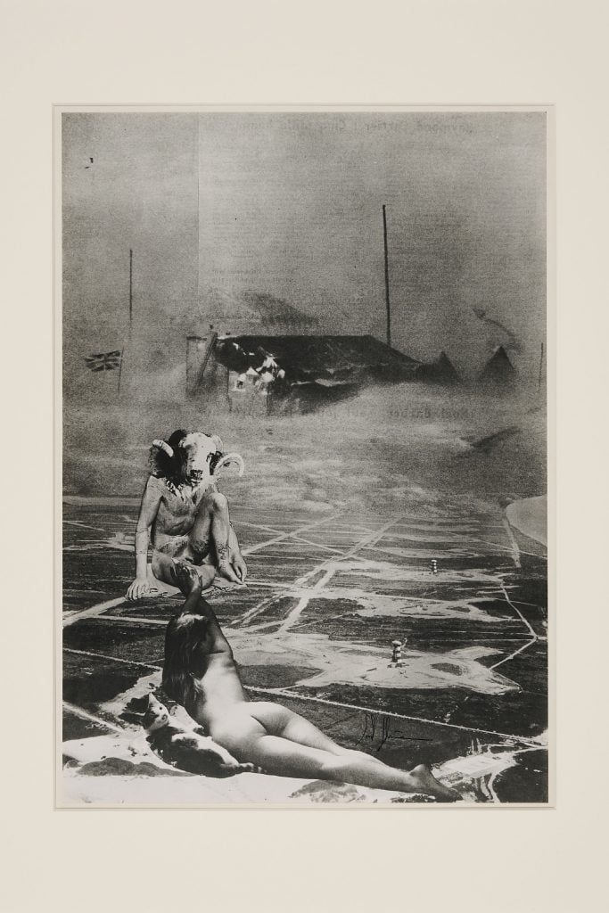 A black and white collage that has been photographed featuring a minotaur and nude woman in a barren landscape by Sarah Schumann as part of the mid-century women surrealists movement.