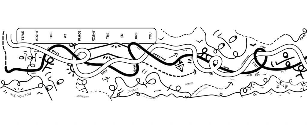 An image of a black and white line drawing of a maze filled with faces, stick figures, sailboats, and mountains, all also rendered in the same single-line style.