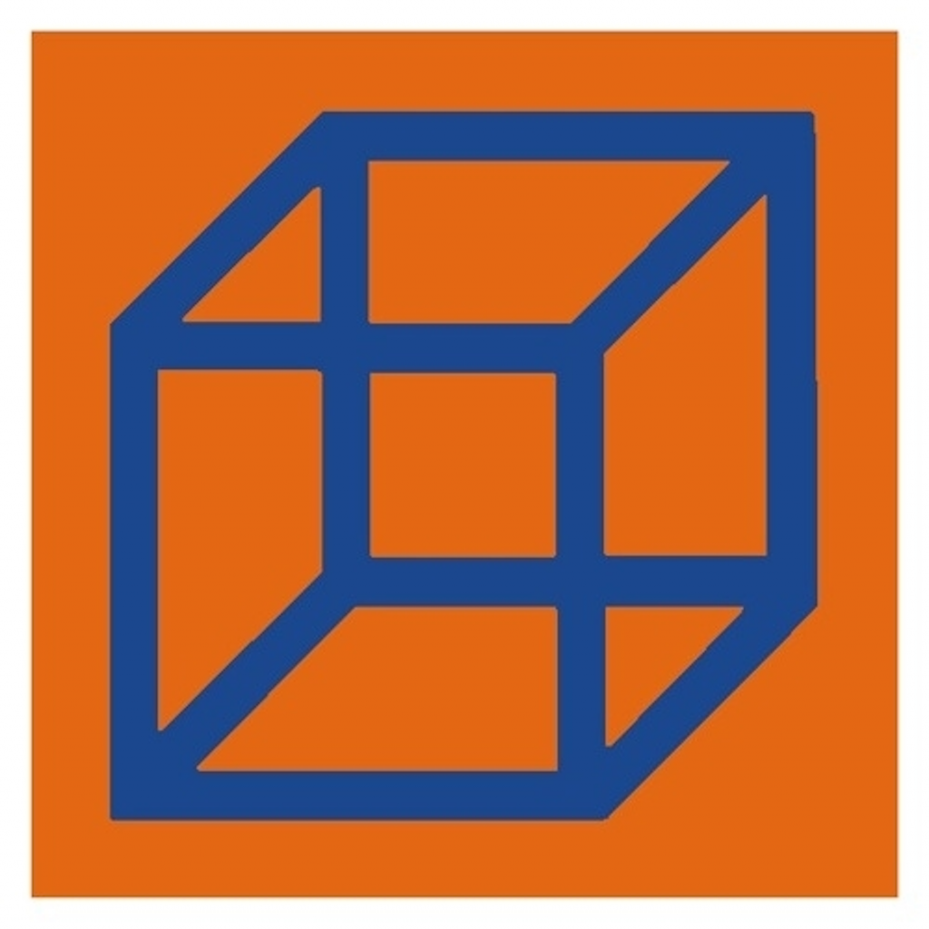 an outline drawing of a cube in blue lines on an orange background