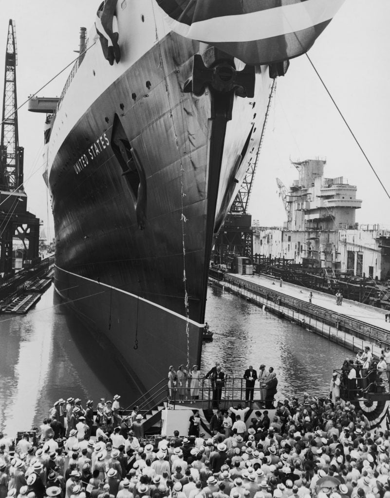 The ocean liner SS United States is launched at the Newport News Shipbuilding and Dry Dock Company yard, Virginia, 21st June 1952. The ship remains the fastest liner ever built. 