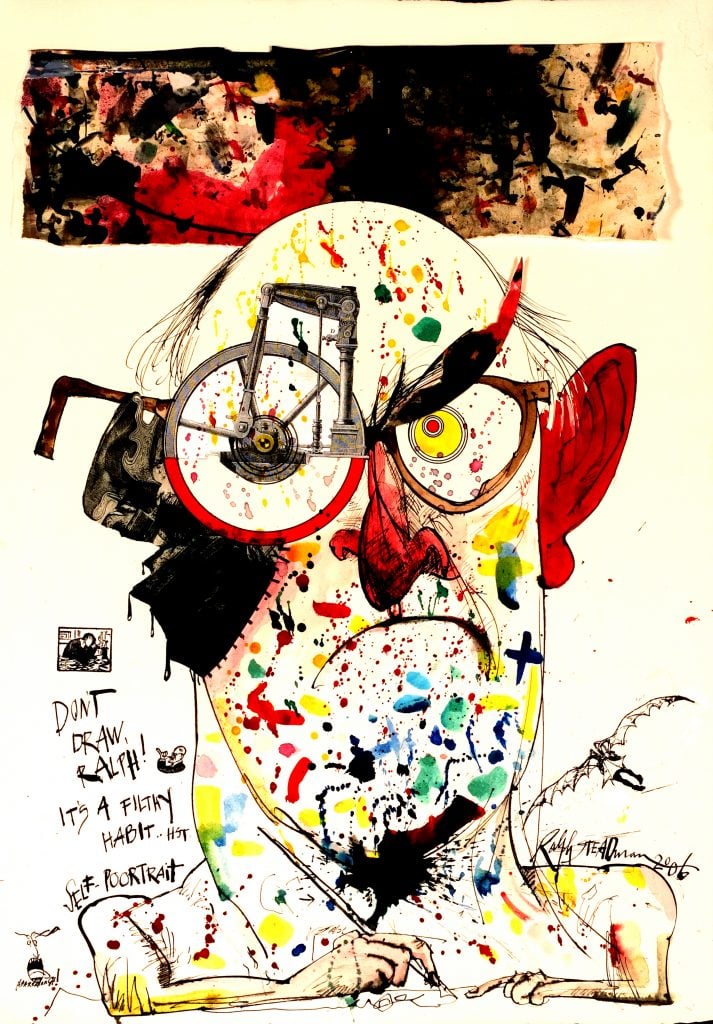 A colorful painting of a man's face made up of hand-drawn lines and paint splatters