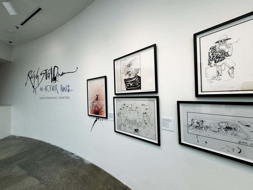 An exhibition with the title "Ralph Steadman: And Another Thing" printed on a wall, alongside five drawings