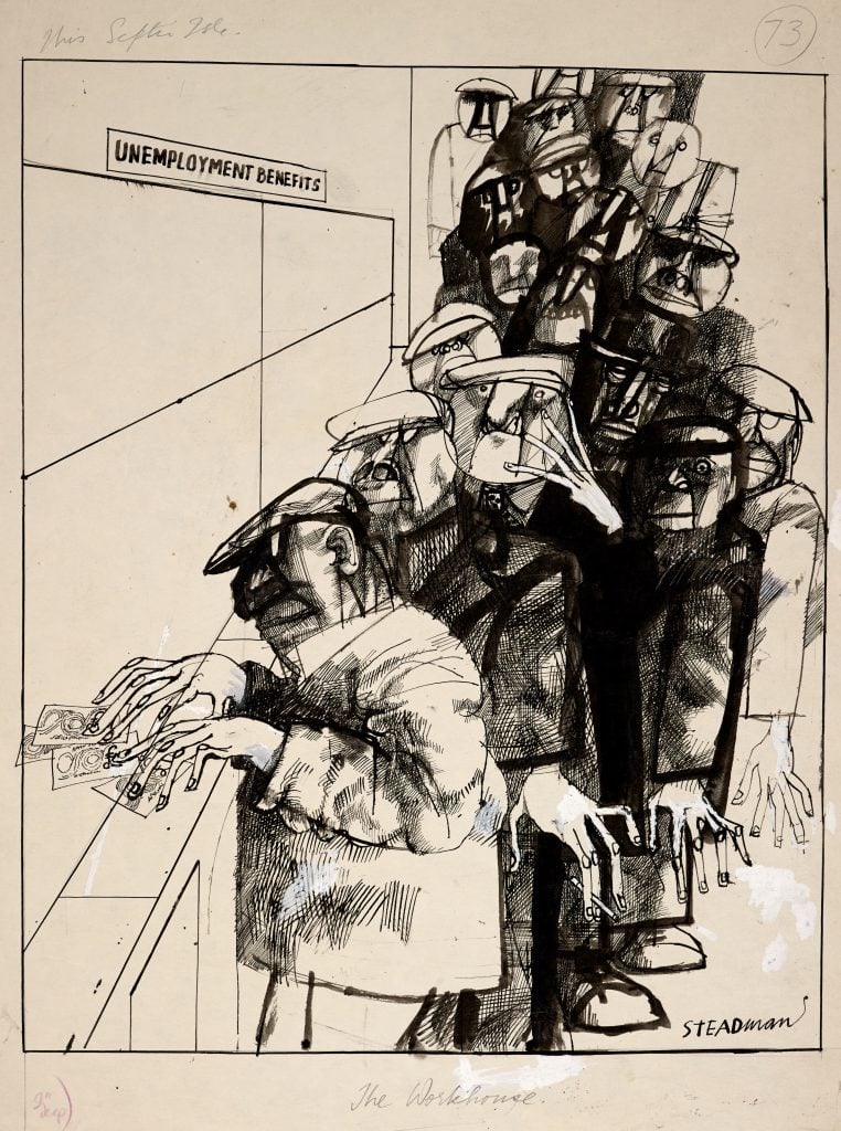 A charcoal drawing of several man lining up beside a window with the sign "Unemployment Benefits"