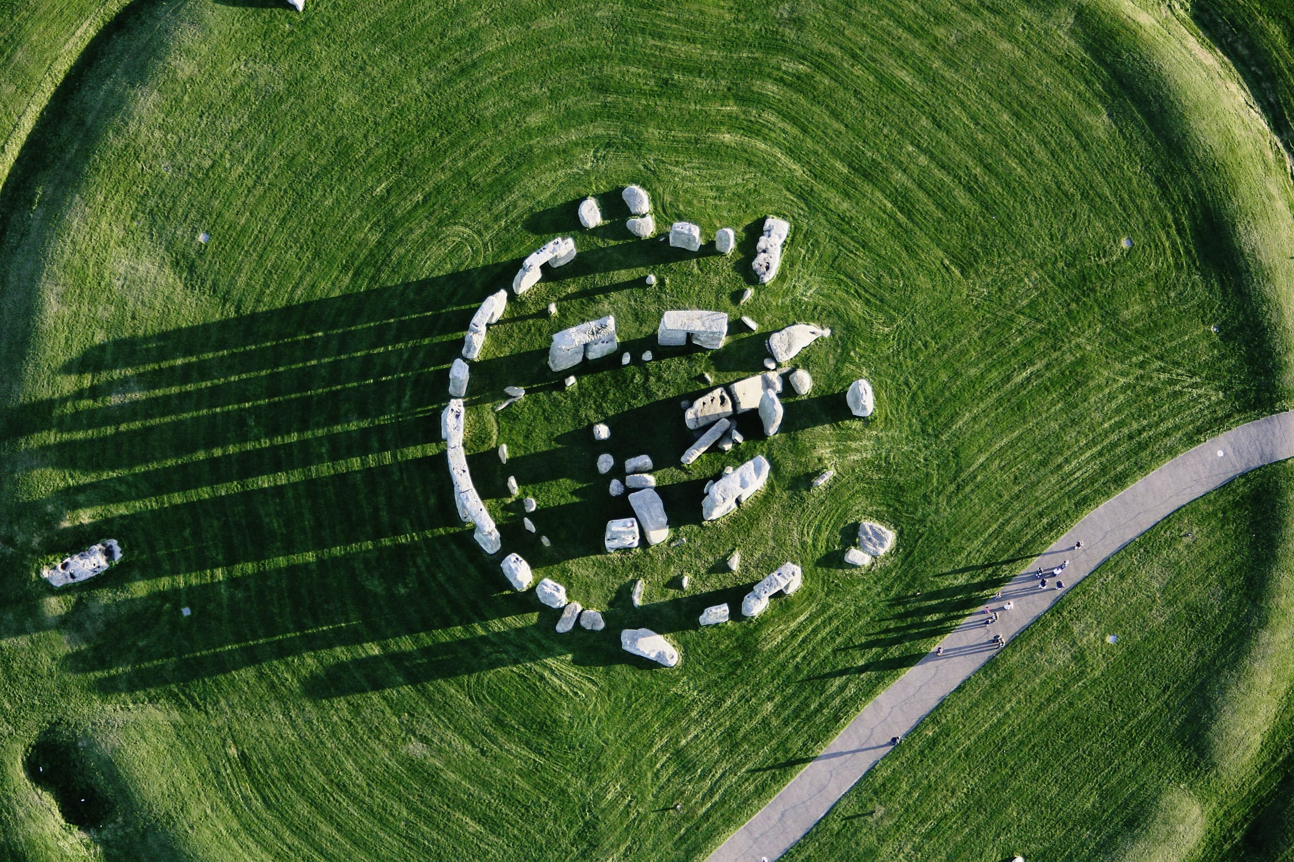 Aerial view of Stonehenge showing a group of large stones arranged in a concentric circle