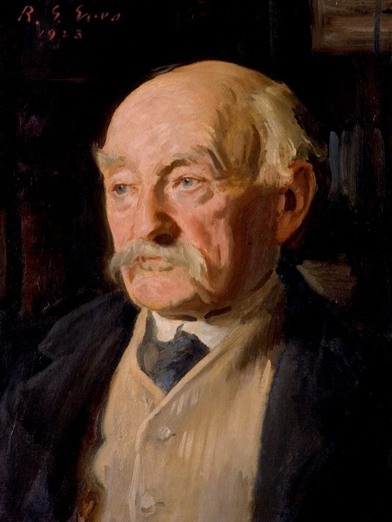 A painting of an elderly man in a suit