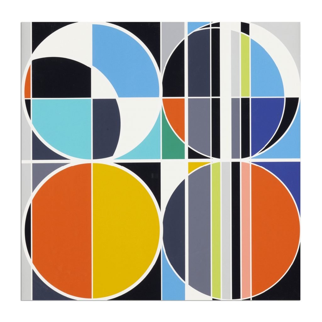 A geometric abstract painting in four quadrants with different circle compositions and color palettes in each. Part of the space-inspired artworks roundup.