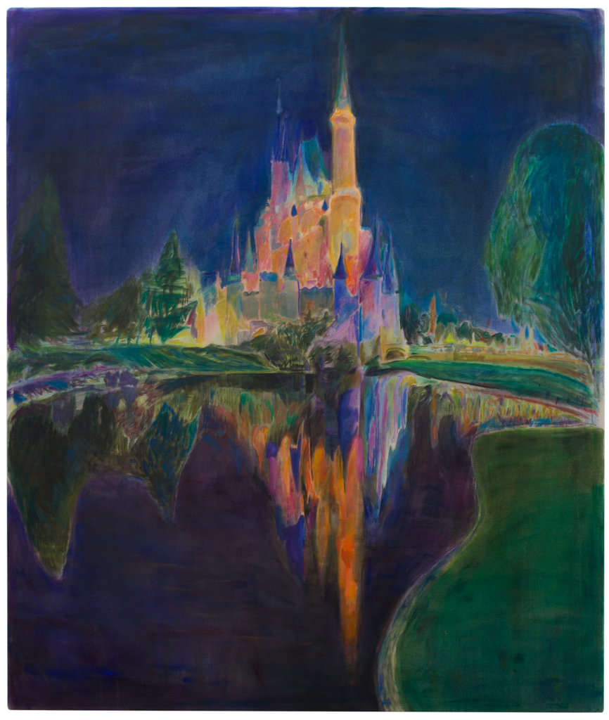 an abstract image of the iconic disney castle rendered in deep jewel tones