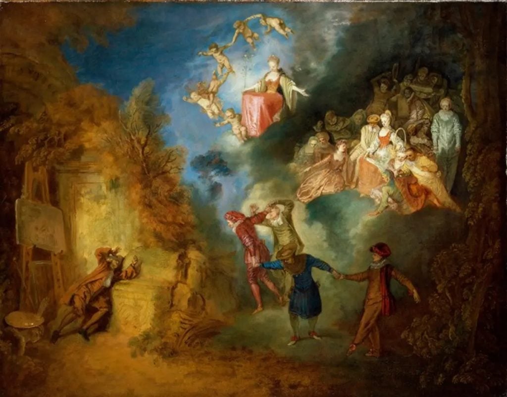 a painting containing a slightly fantastical scene in which various vignettes co-exist, including dancers walking hand in hand and crowds of smartly dressed figures