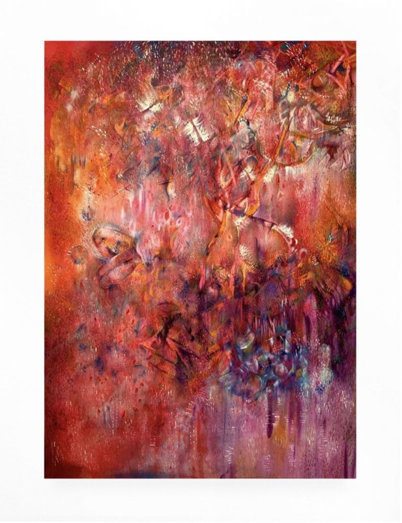 An allover abstract painting featuring predominantly reds and oranges.