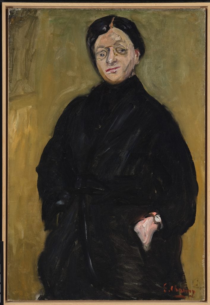 a slightly abstracted painting of a woman in a black dress with her hands in her pockets and a serious look on her face.