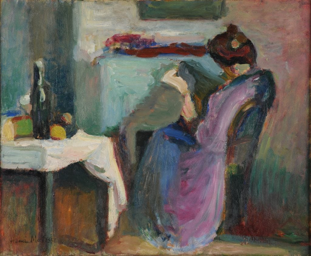 a painting of a woman in a purple dress reading