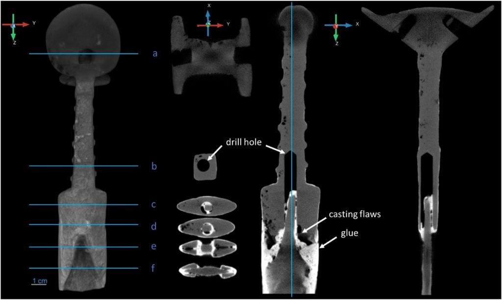 the inside of a sword can be seen and is lablelled revealing where drill was used 