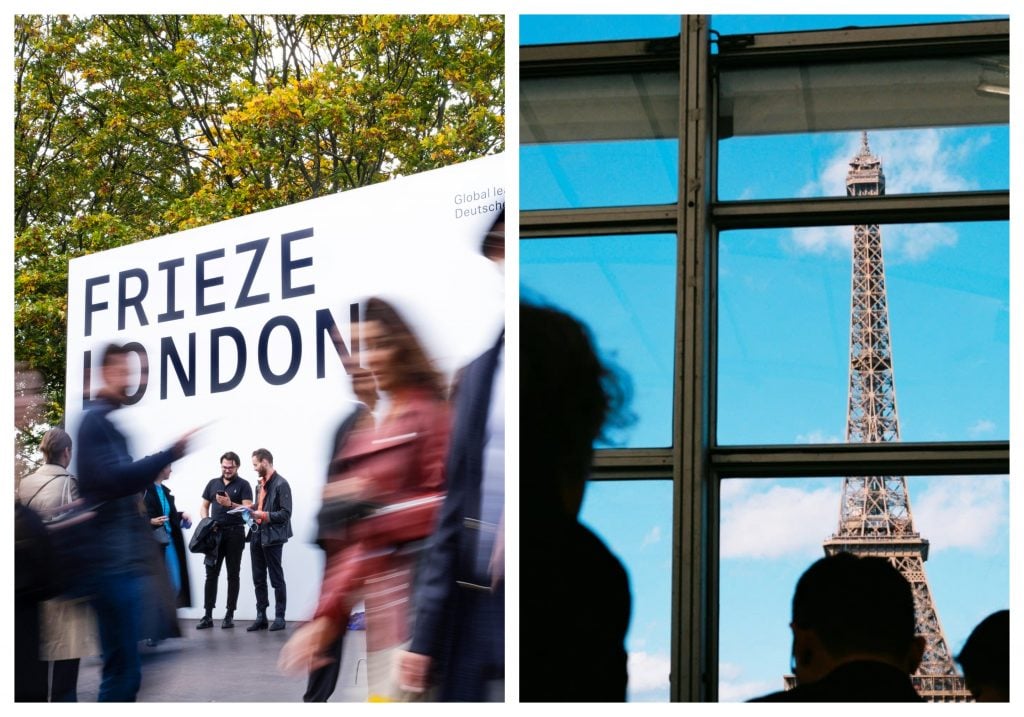 two images side by side. left: a crowd of people walk in front of a large sign that says frieze london. right: the eiffel tower looms outside of a large window in front of which some people stand