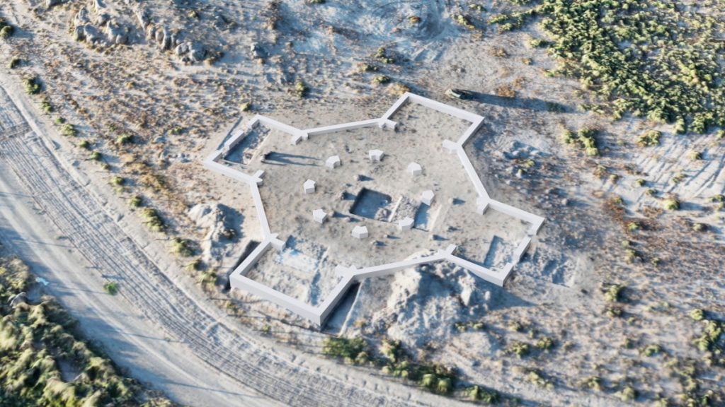 aerial photo of ruins of church with white markings around the shape in Armenia