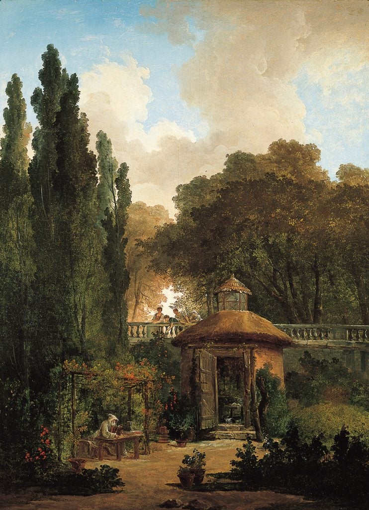 paintings of a garden seen in an academic style. a small wooden hut is visible at the center of the painting and a man in a hooded clock is visible on the left writing at an outdoor table