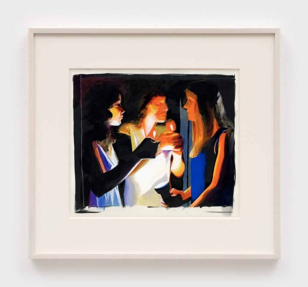 Painting by Robin F. Williams of three teenage girls gathered in a darkened space with lighters lighting the image