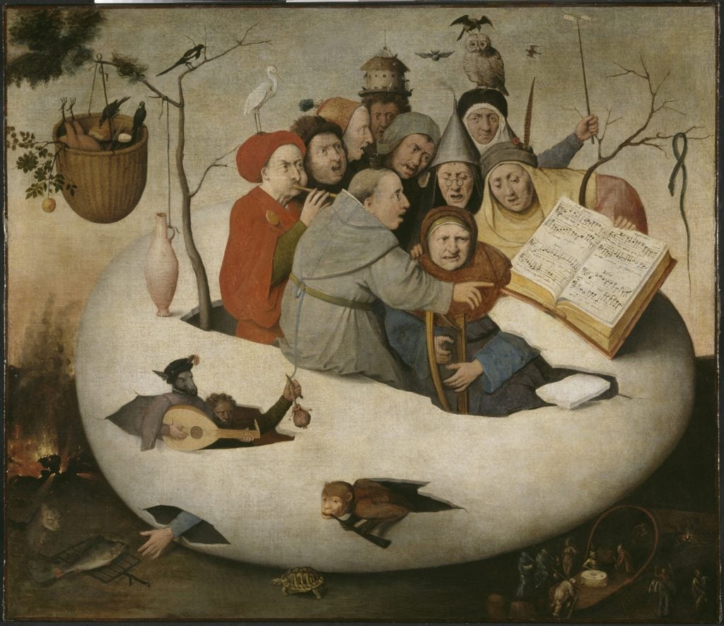 After Hyeronimus Bosch, <i> Concert in the Egg</i> Former Netherlands, mid XVIth century. Oil on canvas, H. 108,5 cm ; l. 126,5 cm. Lille, Palais des Beaux-Arts, inv. P.8 © RMN-Grand Palais (Palais des Beaux-Arts, Lille). Stéphane Maréchalle