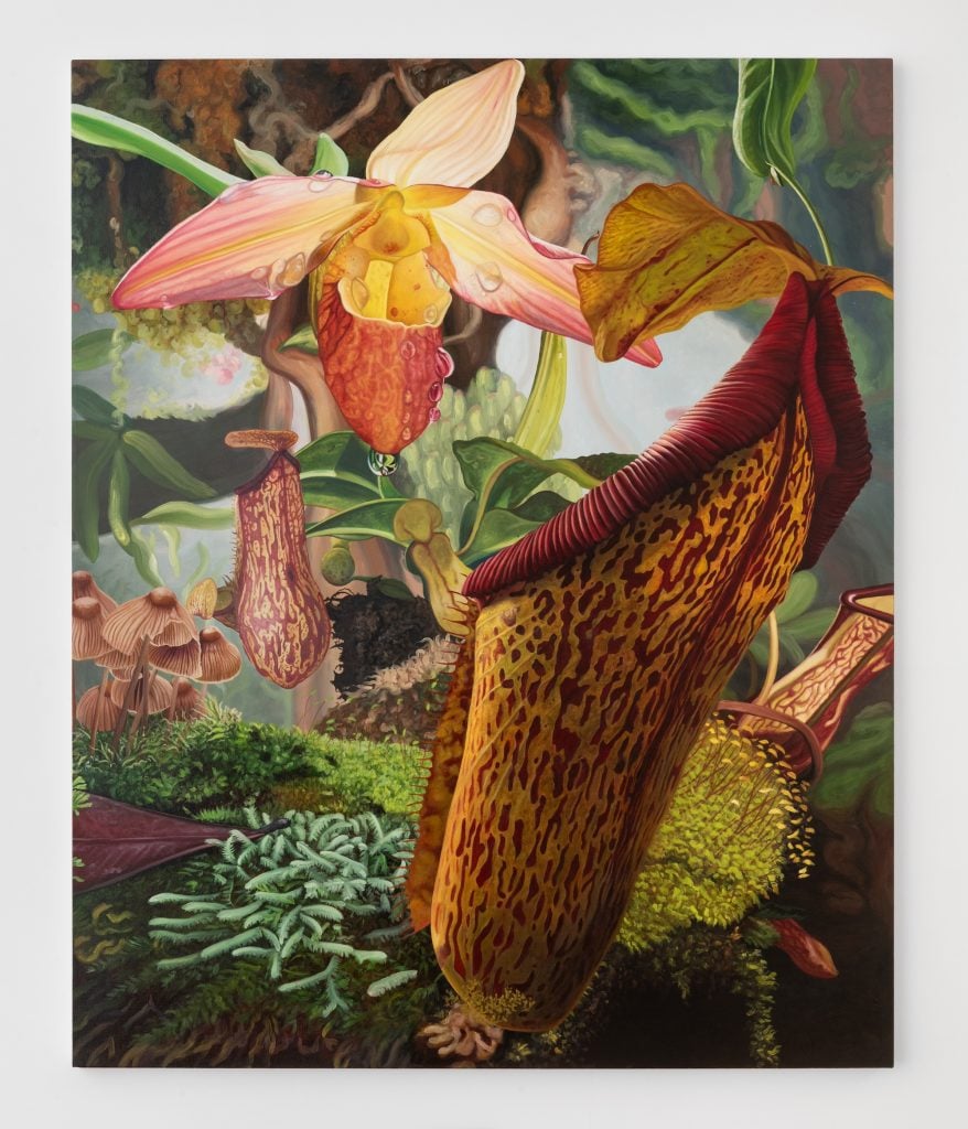 a painting of exotic flowers