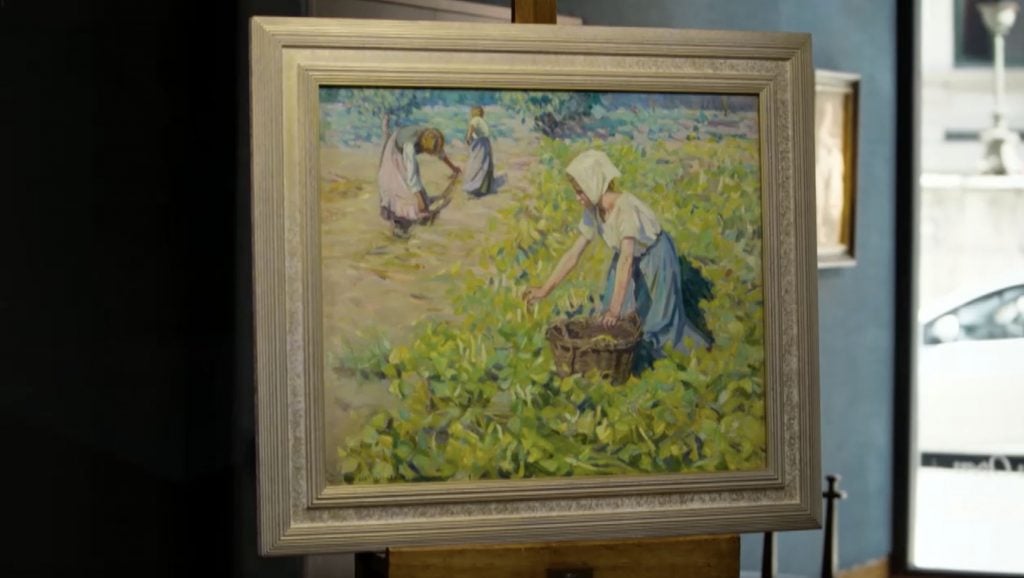 an impressionist style painting of a woman gathering crops to put in a basket