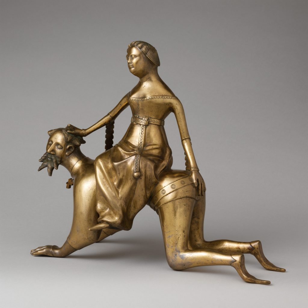 <i> Aquamanile : Aristotle and Phyllis</i>. South Netherlandish, c 1380. Bronze; Quaternary copper alloy, H. 32,4 cm ; L. 39,3 cm ; P. 17,8 cm, New York, The Metropolitan Museum of Art, The Robert Lehman Collection, inv. 1975.1.1416 © The Metropolitan Museum of Art