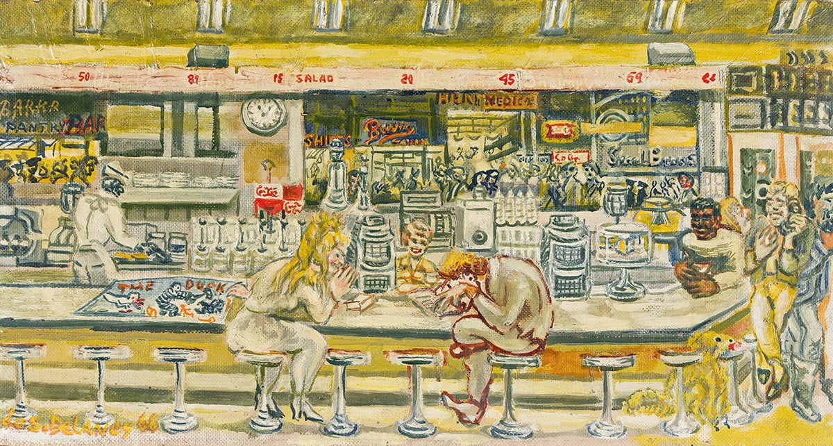 A painting shows people sitting a cafeteria counter