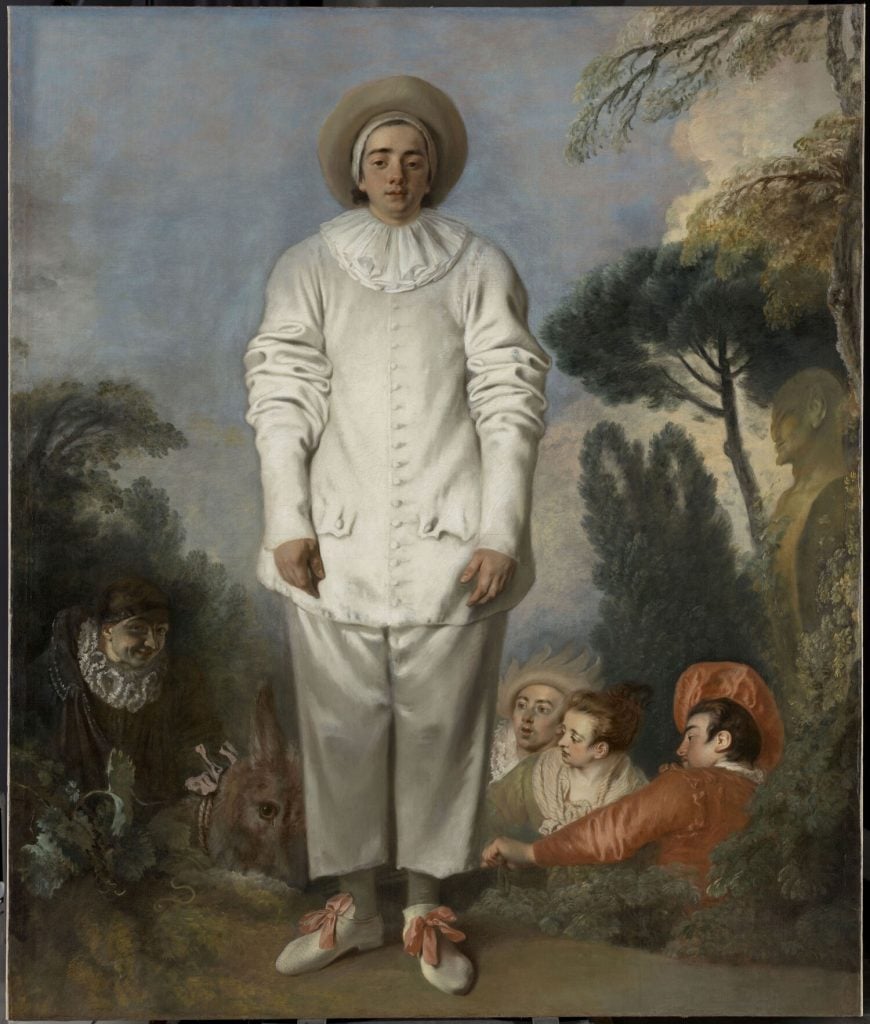 a painting of a man in a white suit flanked by three people lying down and a man on a donkey underneath a bush