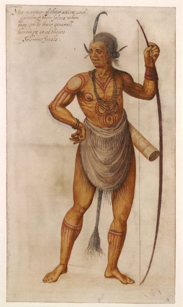 a colour drawing of a semi-naked woman wearing a cloth around her midrift and holding a spear