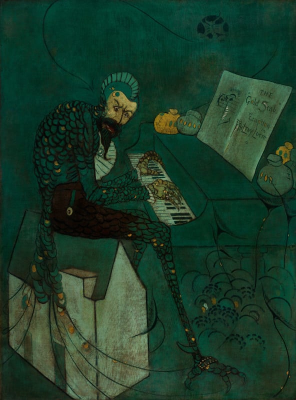 a man appeared like a demonic creature with peacock covered skin, hunched over a piano and seated on a small white house