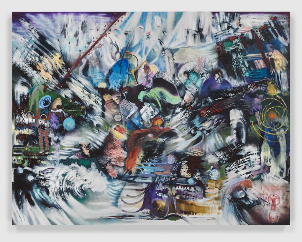 a swirling array of identifiable and abstract figures in blue, purple, green, and white