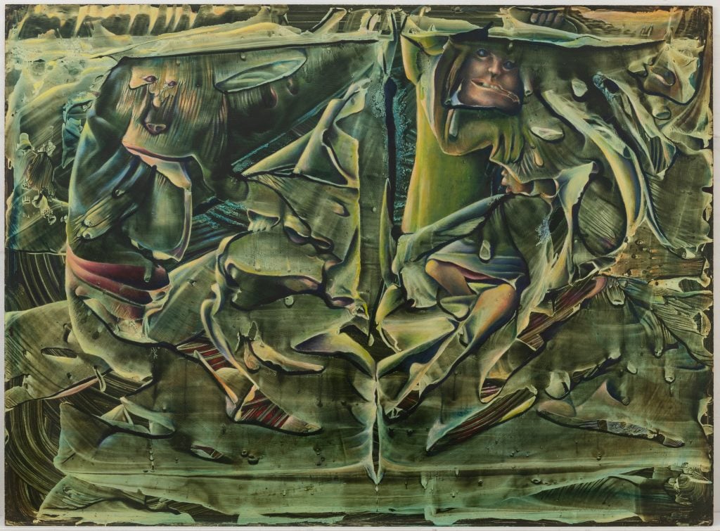 a surreal green painting has obscured figures