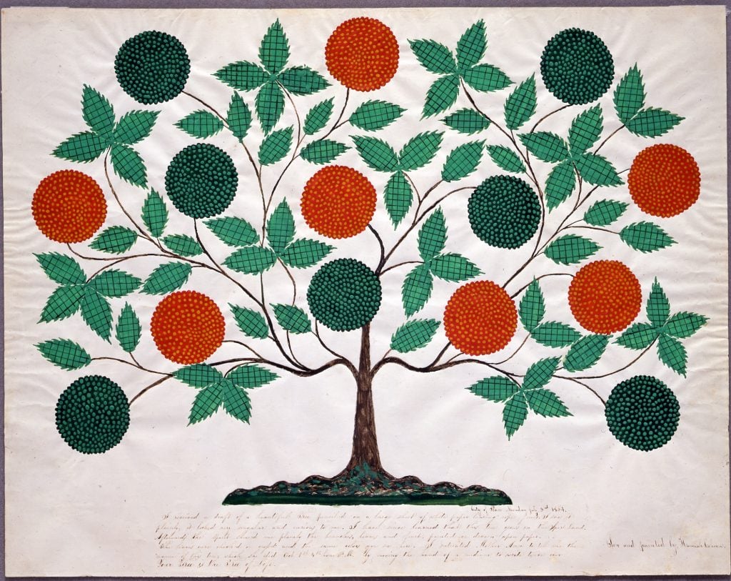 an image of the tree of life with bright green and red bulbs and text inscription beneath the tree