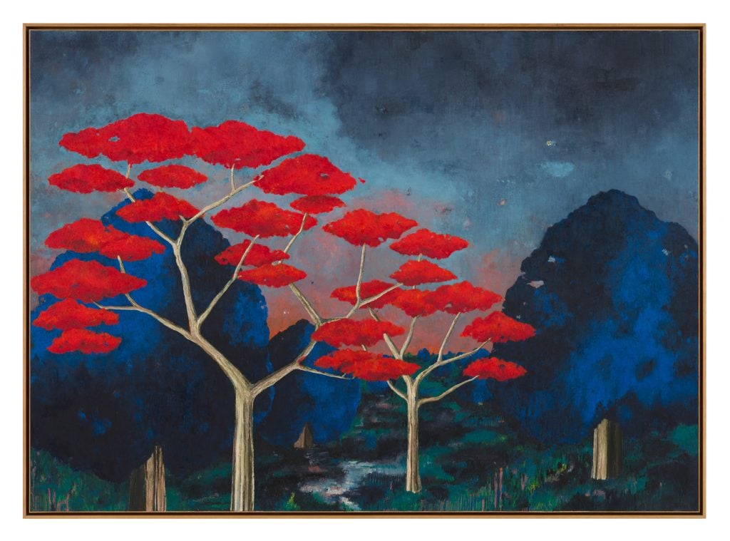 A painting by Harold Ancart of a forets composed of blue trees and red trees painted in a twilight scene