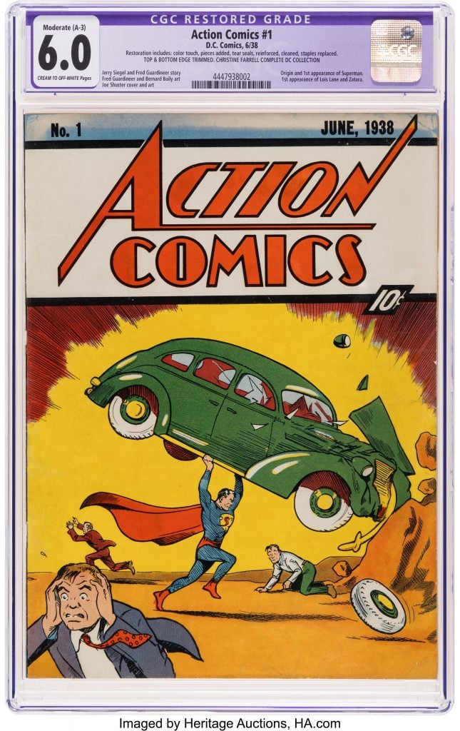 The cover of Action Comics #1 from 1938 showing Superman lifting a green car