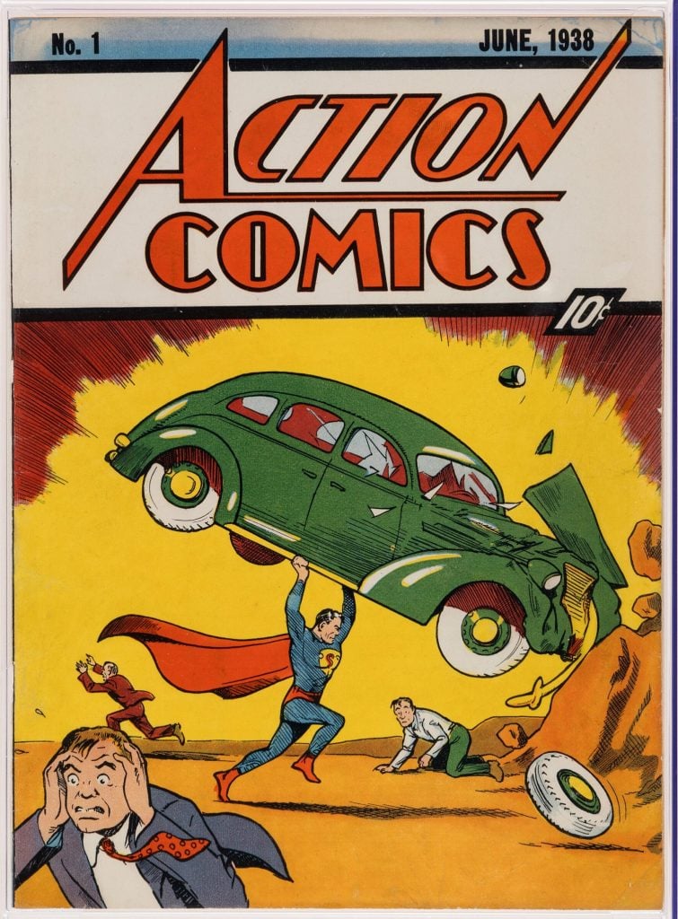 The cover of Action Comics #1 from 1938 showing Superman lifting a green car