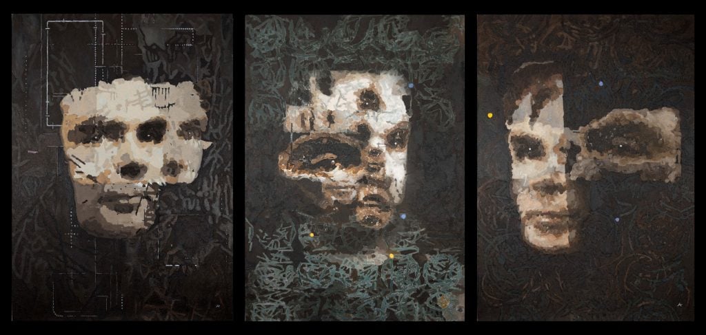 three panels showing the painting by the robot it is dark with markings across it