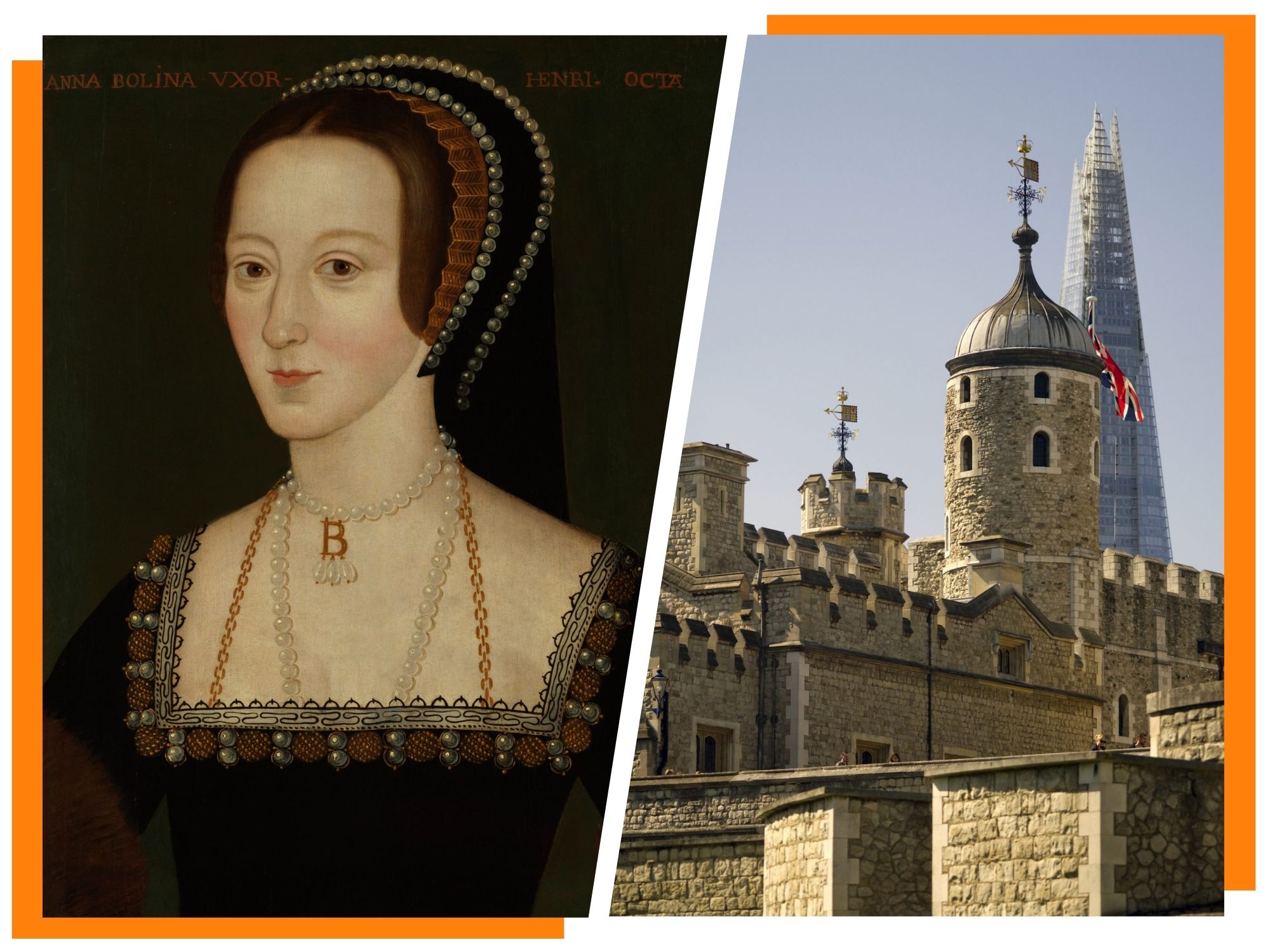 a collage of two images, on the left is an old Tudor painted portrait of a woman wearing dark dress seen from the bust up, on the right is part of a historic building with a Union Jack flag flying