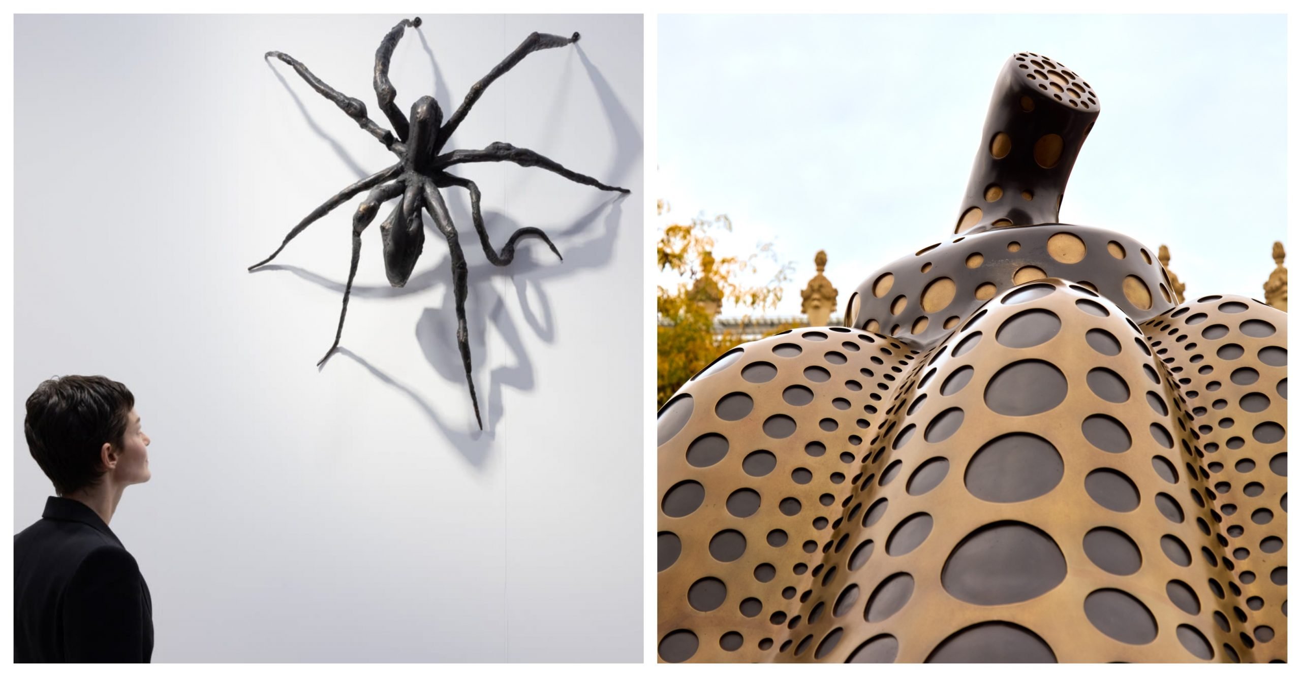 a woman looking at a spider sculpture and a pumpkin sculpture