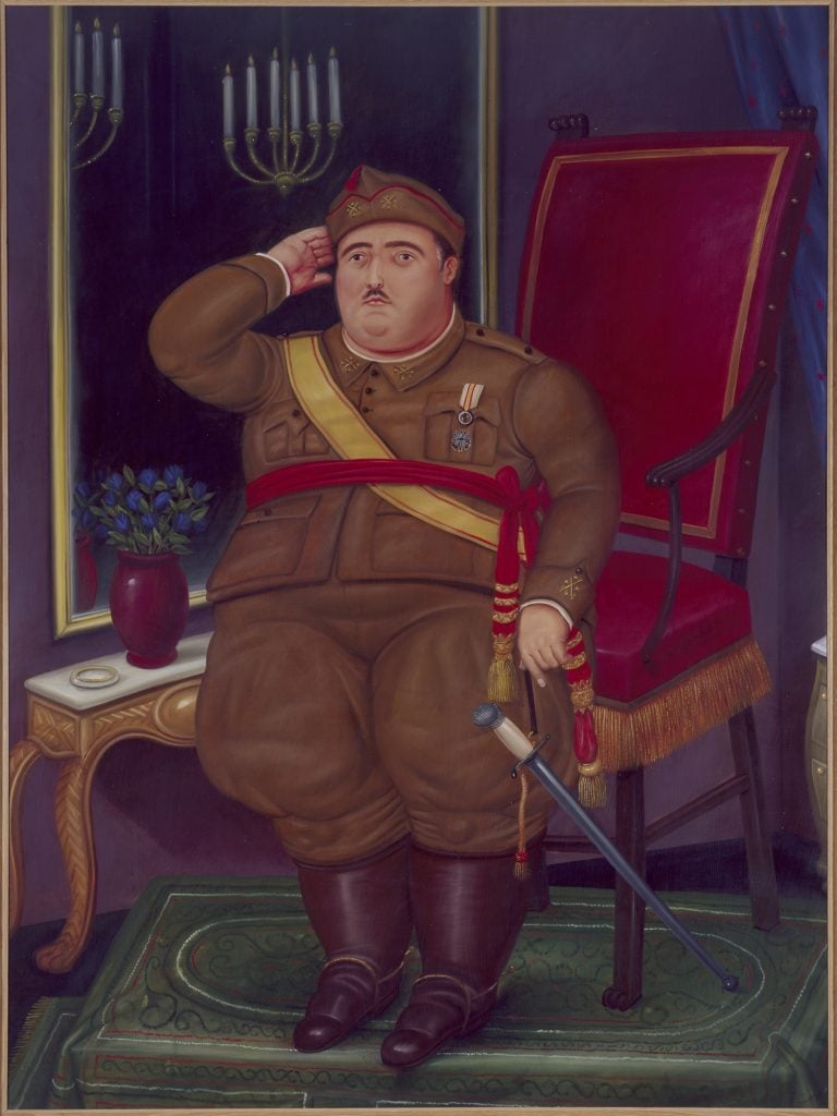  A painting of a rotund military officer in a brown uniform, adorned with medals and a red sash, standing by a red chair and saluting. 