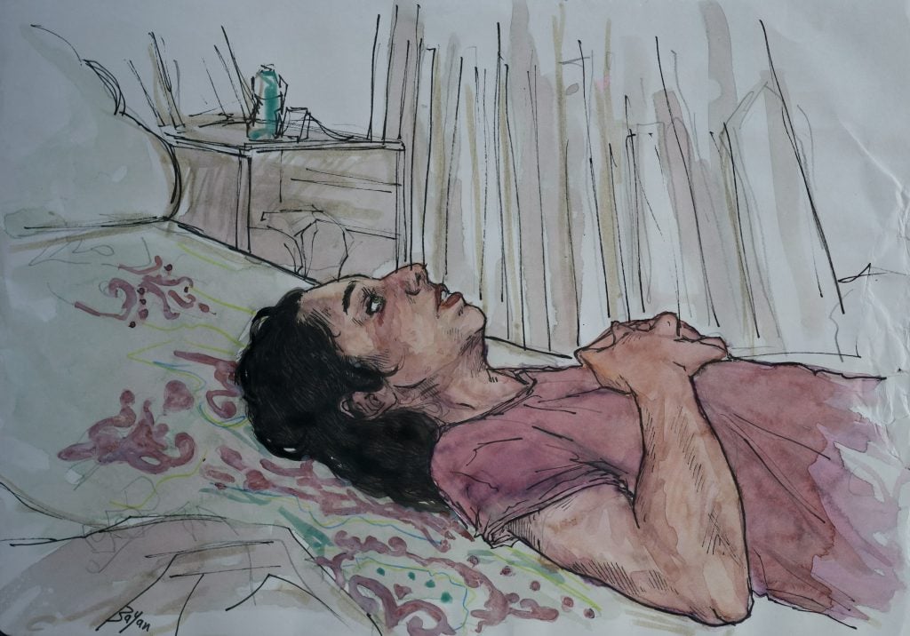 A watercolor painting titled Nahleh by Bayan Abu of a Palestinian woman lying on her back over the covers of her bed.