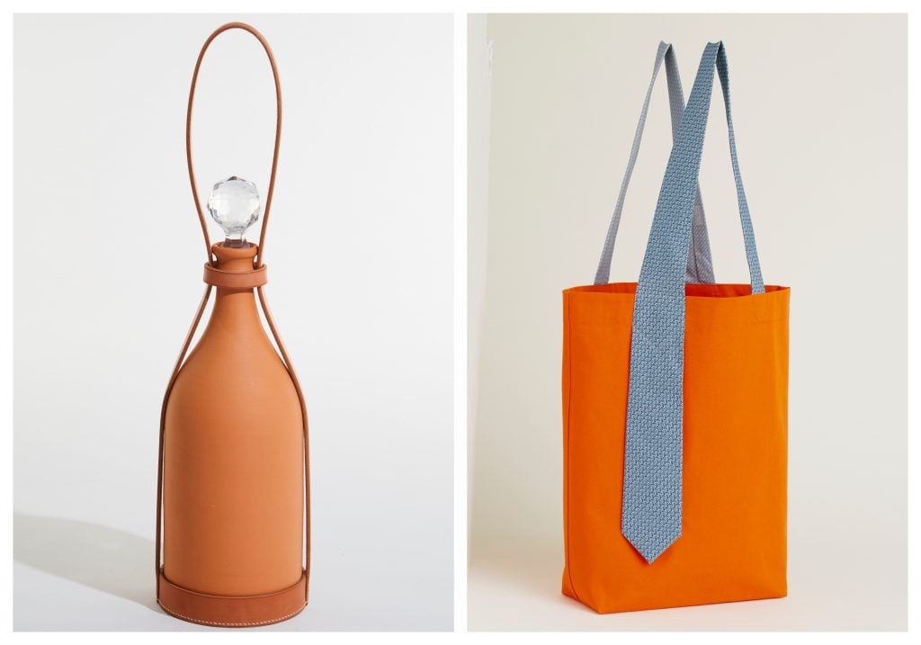 a leather clad carafe and a orange bag 