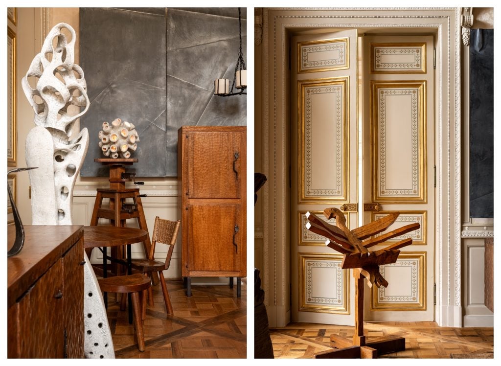 sculptural design works are in an imposing French 18th century sitting room 