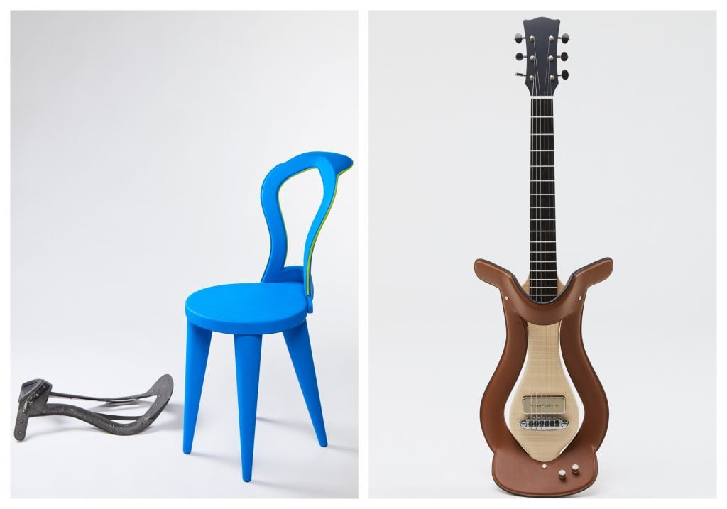 a blue chair and a luxury leather guitar 