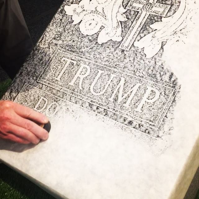 The making of Brian Whiteley's Trumptombstone, a relief print made by taking a rubbing of Legacy Stone.