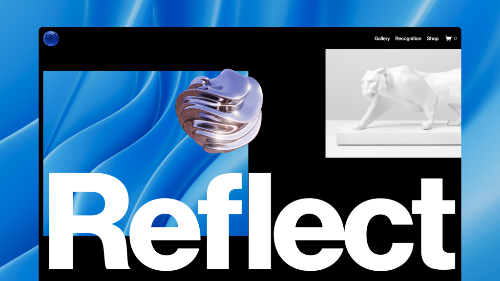 a blue webpage with the word Reflect written in the center