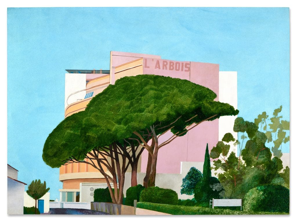 A painting of trees in front of a building